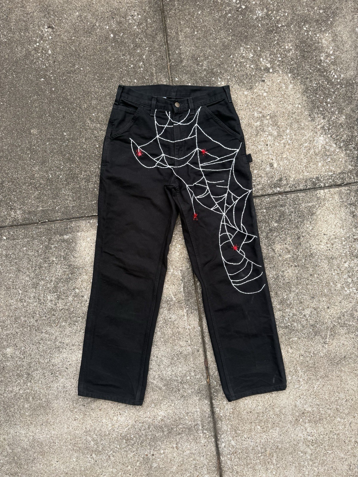 Custom Rework Carhartt Faded Black Jeans – Embroidered Spider Web Size 28×32