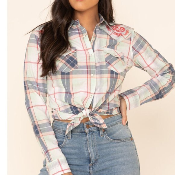 WRANGLER Retro S Plaid Embroidered Pearl Snap Western Shirt Cowgirl LW6590M NWT