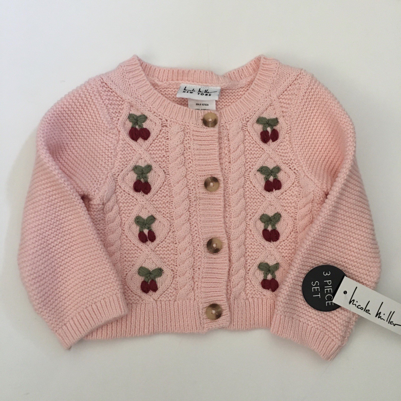 NEW Baby 6-9M Knit Cherry Sweater & Bloomers 3 pc Set Pink | Nicole Miller