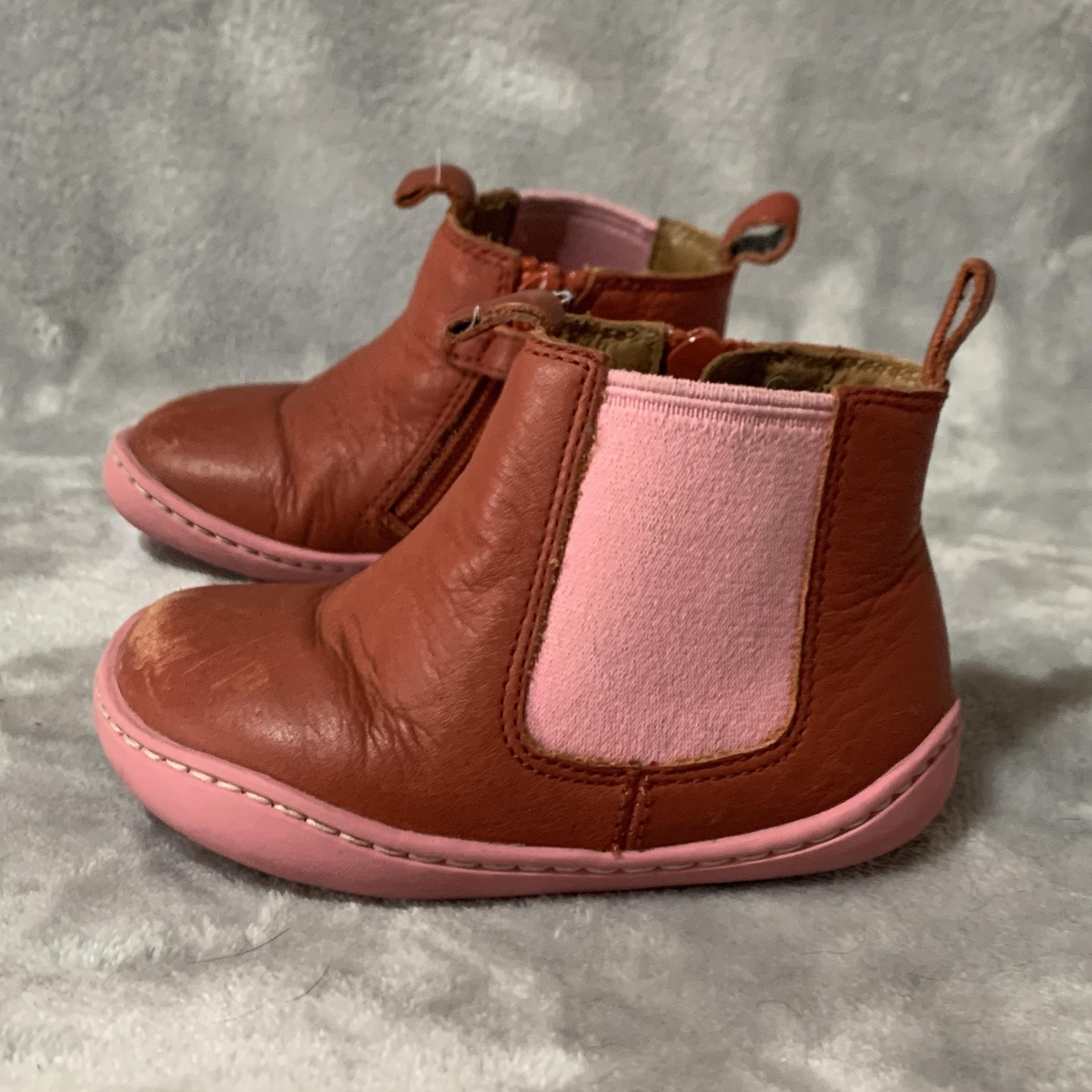 Camper Chelsea Boots Girls Size EU 21 Brown Pink Leather Ankle Zip Elastic Gore