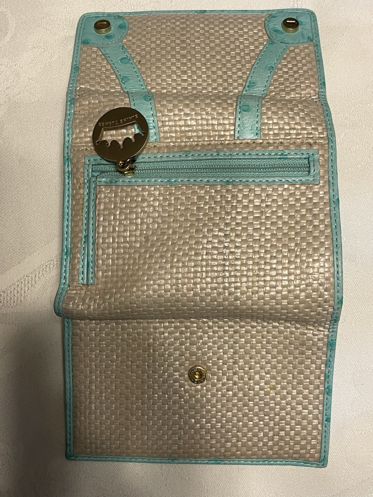 Elaine Turner Turquoise Ostrich Leather/StrawWallet New Without Tags