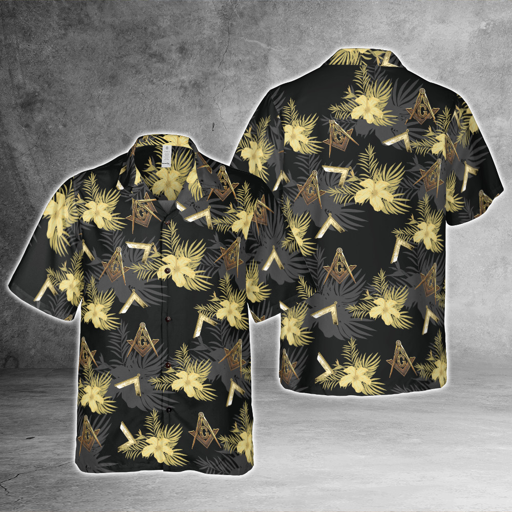 Golden Masonic Square Compass White Hibicus Royalty 3D Hawaiian Shirt Size S-5XL