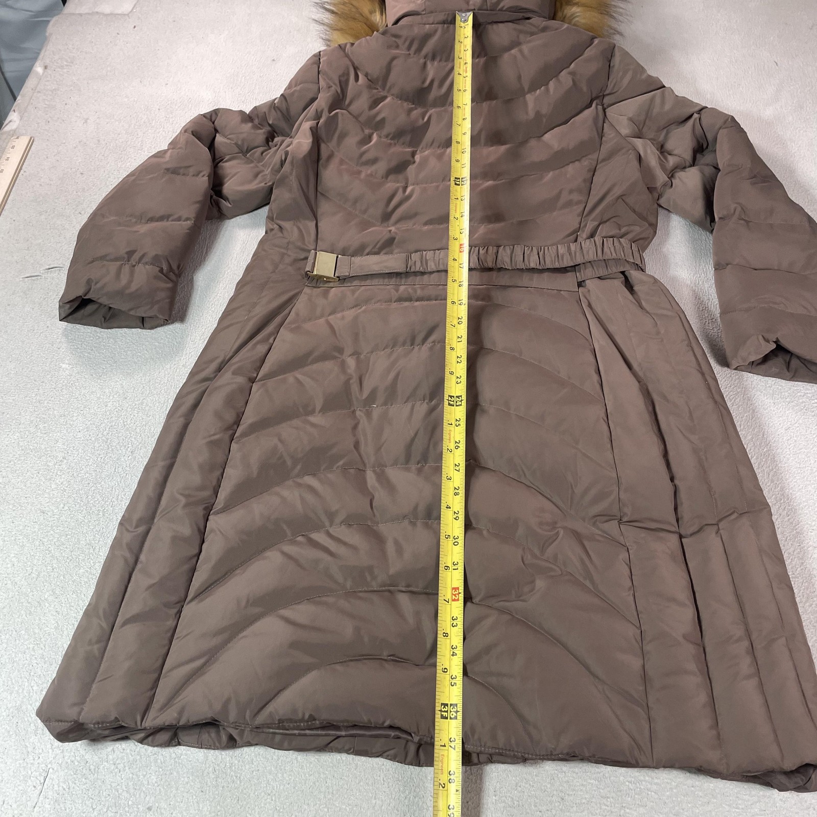 Jones New York Down Coat Womens Large Brown Puffer Hooded Fur Trim Long Parka