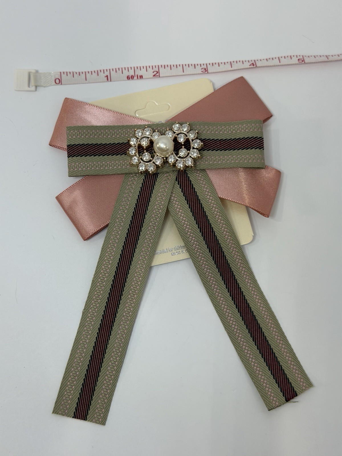 Brooch Bow Striped Pink Fabric with Rhinestone and Pearl Accents Embellishments