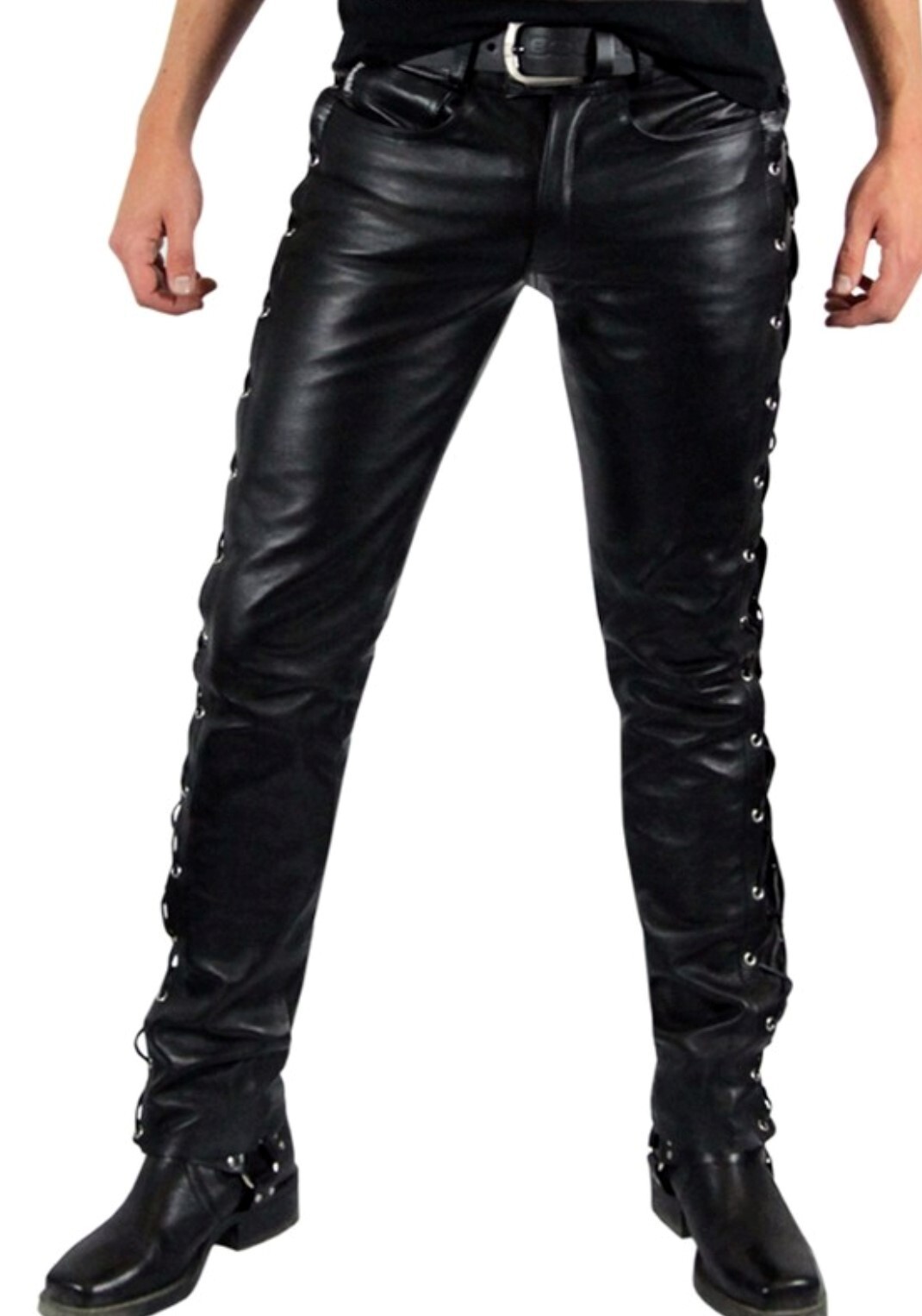 Men’s Real Cowhide Leather Bikers Laces Up Pants 5 Pockets Bikers Laces Up Pants