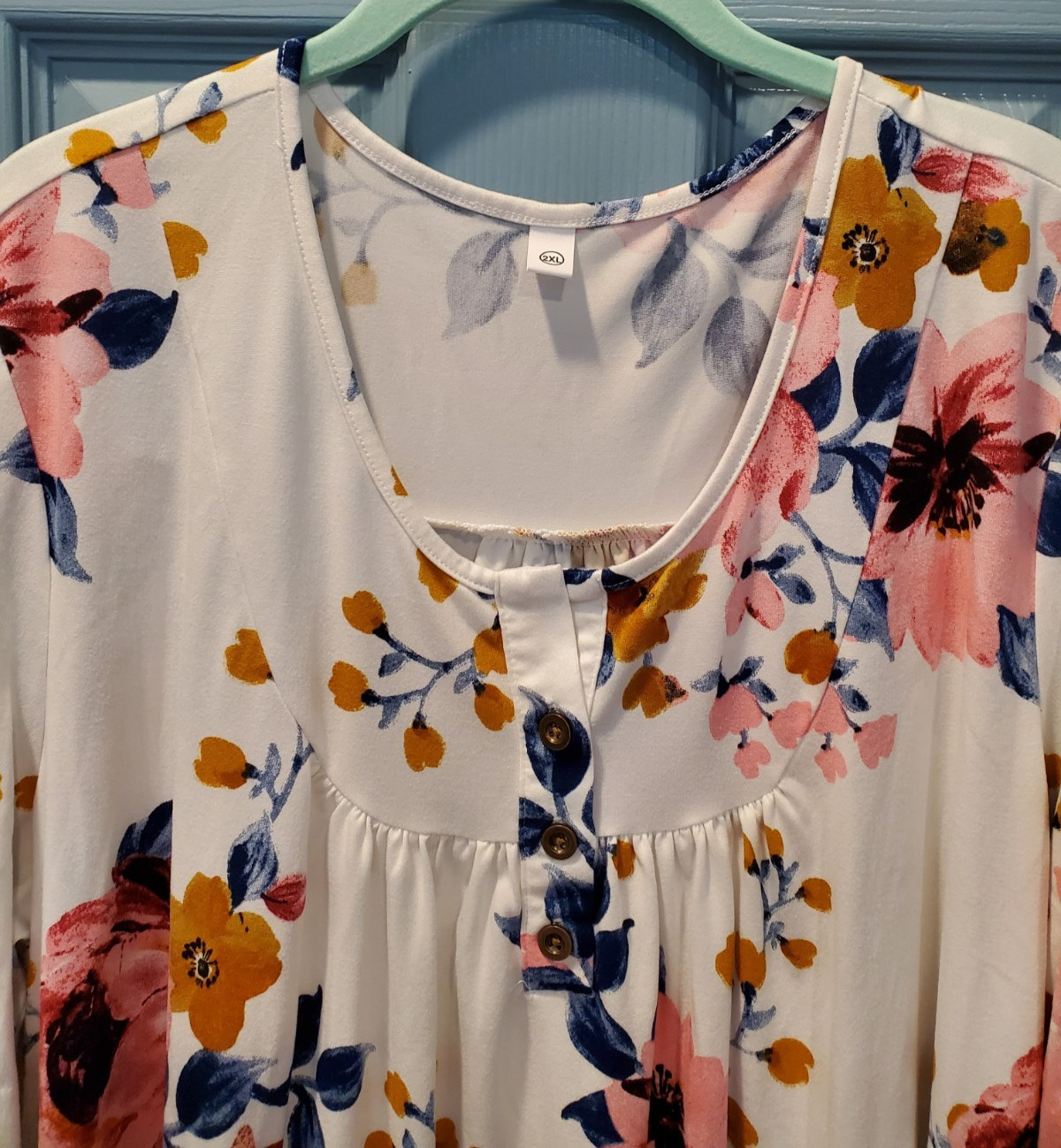 Women’s Top & Pants Set Long Sleeve Pull-On Size 2XL Floral Ivory Pink Blue