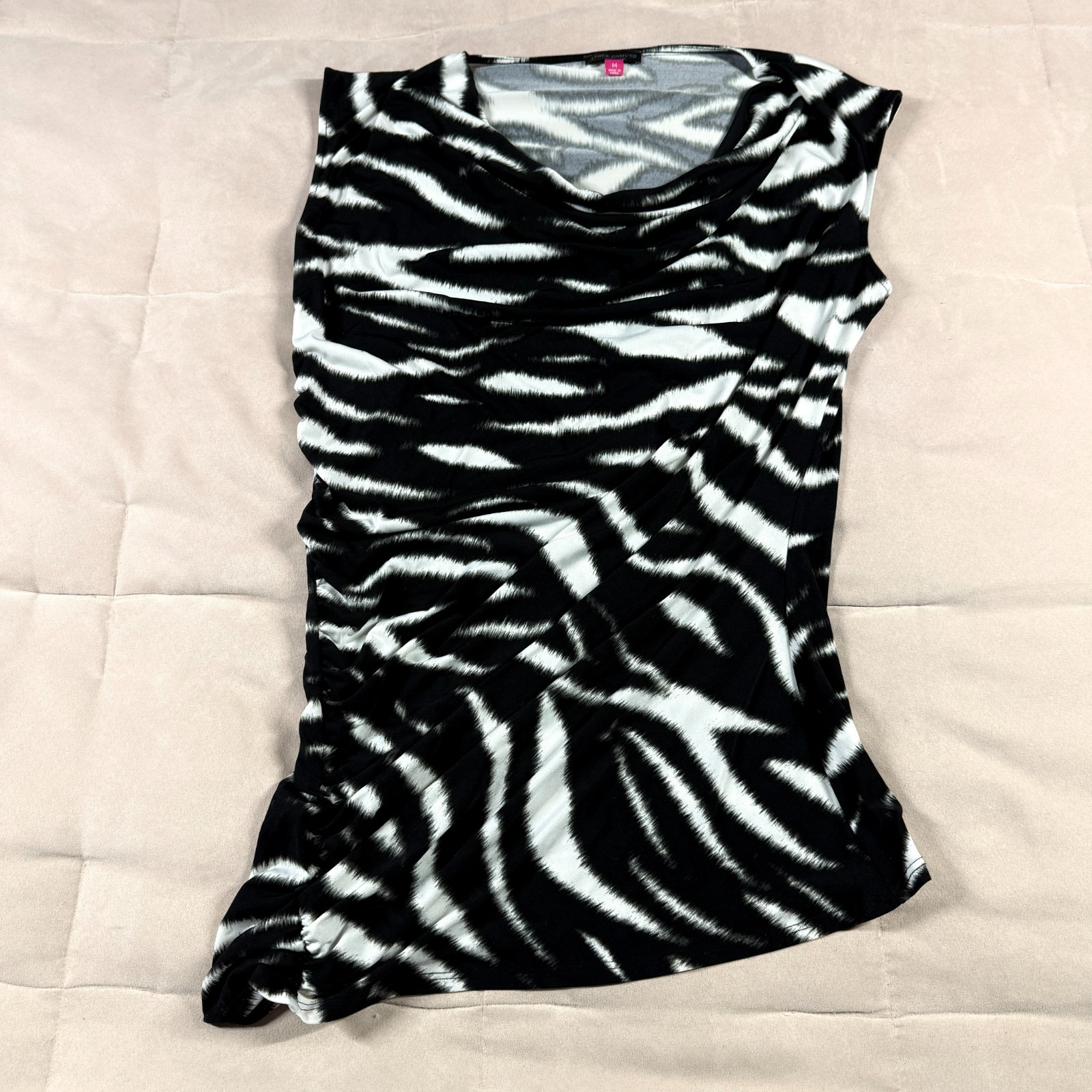 Vince Camuto Black White Womens M Zebra Print Asymmetric Ruched Stretch Blouse