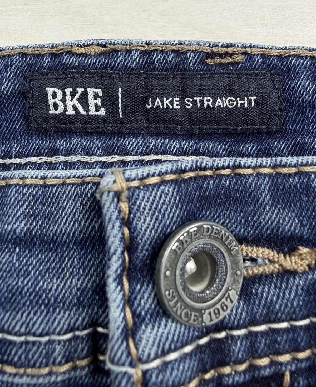 Buckle BKE Jake Straight Jeans Dark Wash Stretch Whiskered Denim Mens 33×34