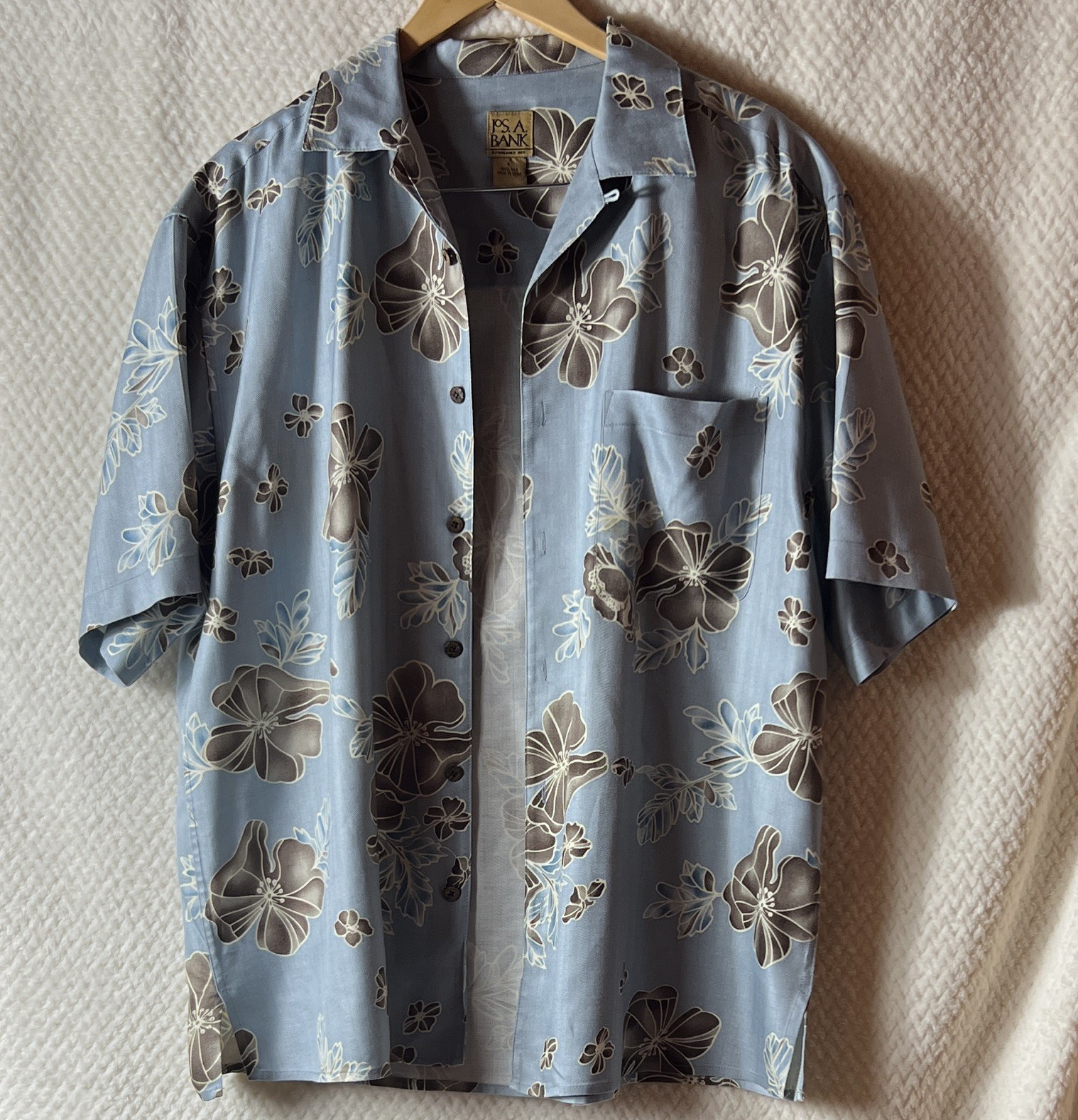 Jos. A. Bank Men’s L Silk Woven Hawaiian Floral Button-Up Shirt Blue Pockets