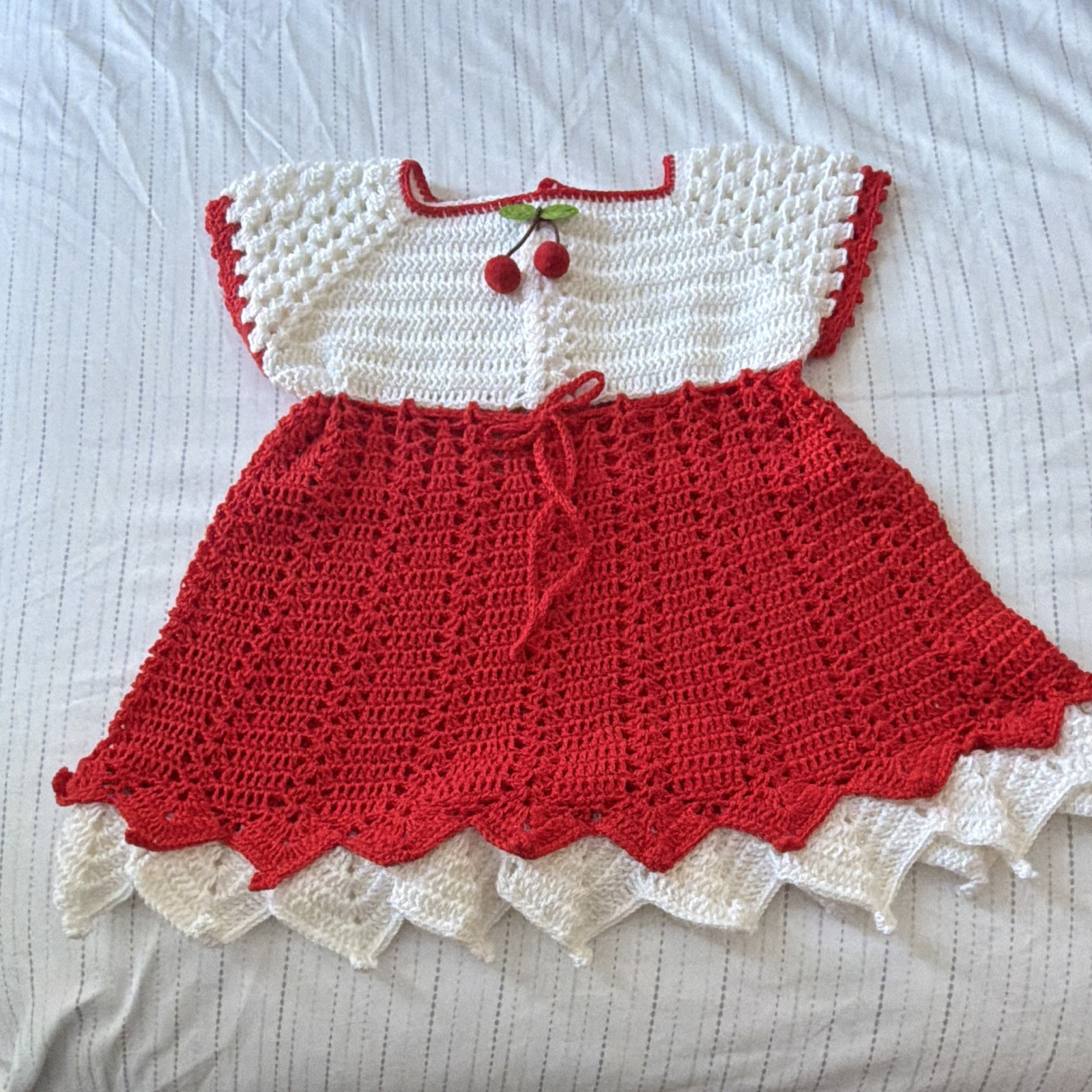 Handmade 18-24M Red/White Crochet Cherry Fit & Flare Party Dress Buttons