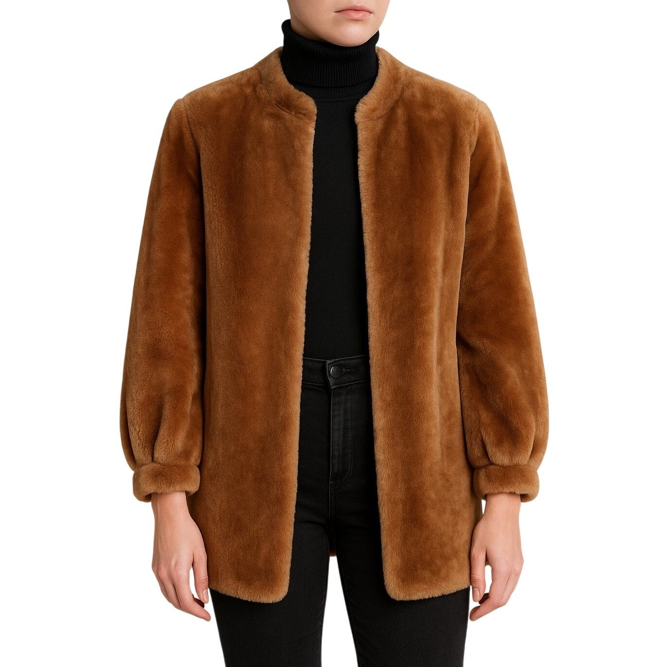 Vintage 1950s Mouton Lamb Fur Coat Brown Caramel Jacket L/XL MId century