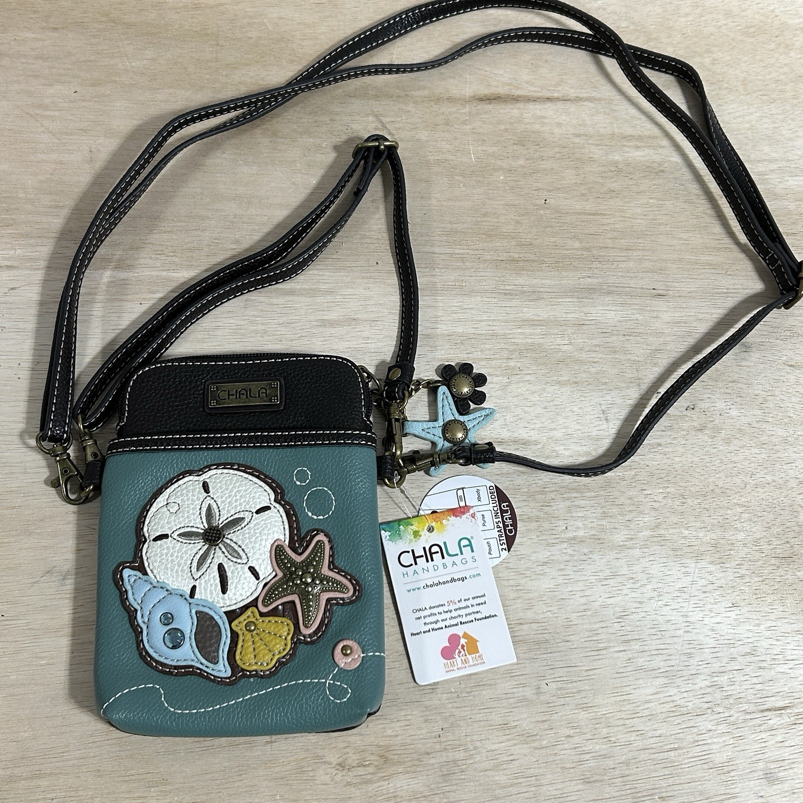 New Chala Cell Phone Crossbody Bag Purse Pouch Ocean Sand Dollar / Teal Vegan