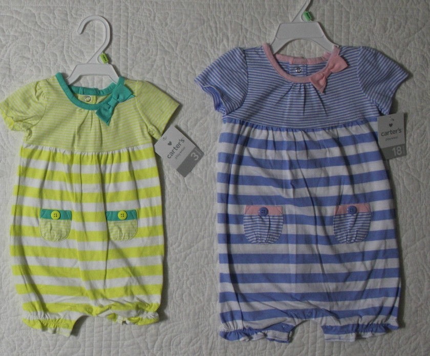 NEW BABY GIRLS CARTERS ONE PIECE ROMPER BLUE/PINK OR YELLOW/GREEN STRIPE