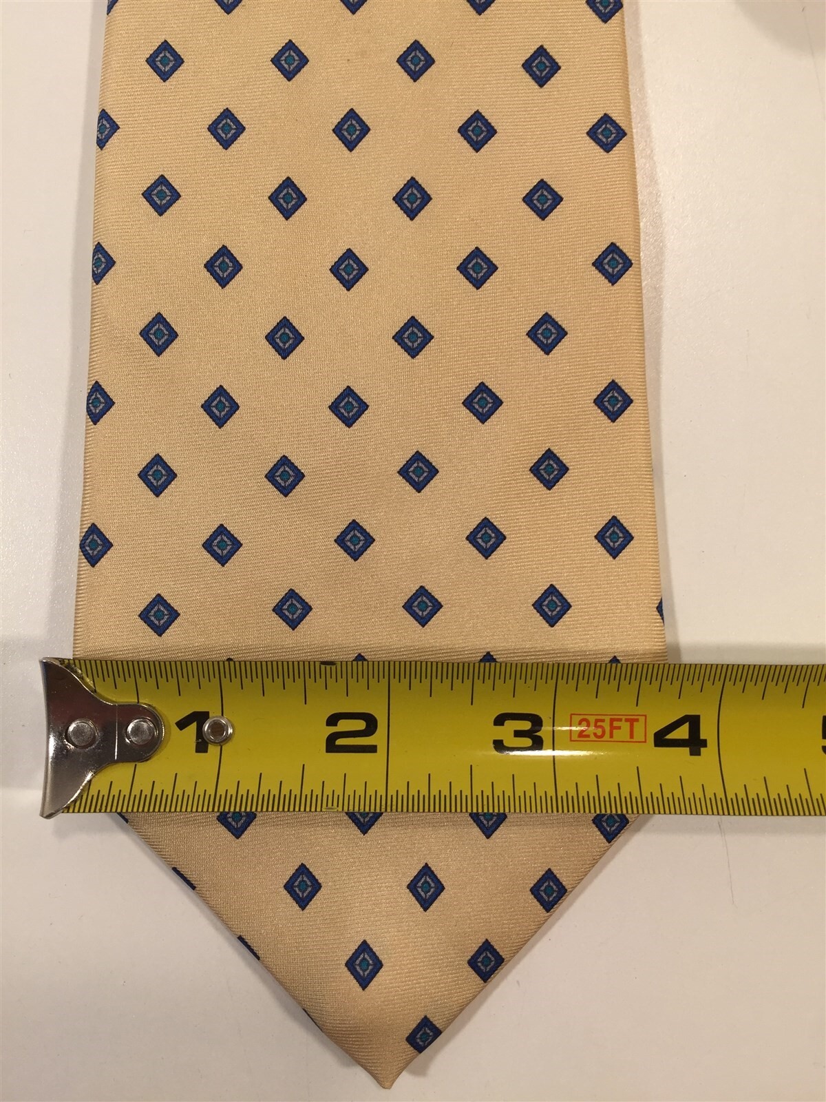 Vintage Briar 100% Silk Tie – Ivory With Blue Geometric Pattern – 3 3/4″ Wide