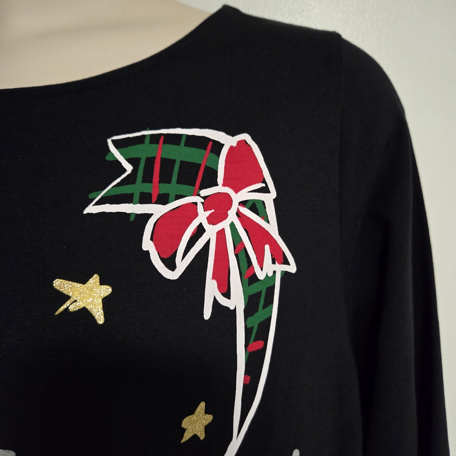 Ruby Rd. Plus Size 1X Black Holiday Ribbon Bows Stars Top