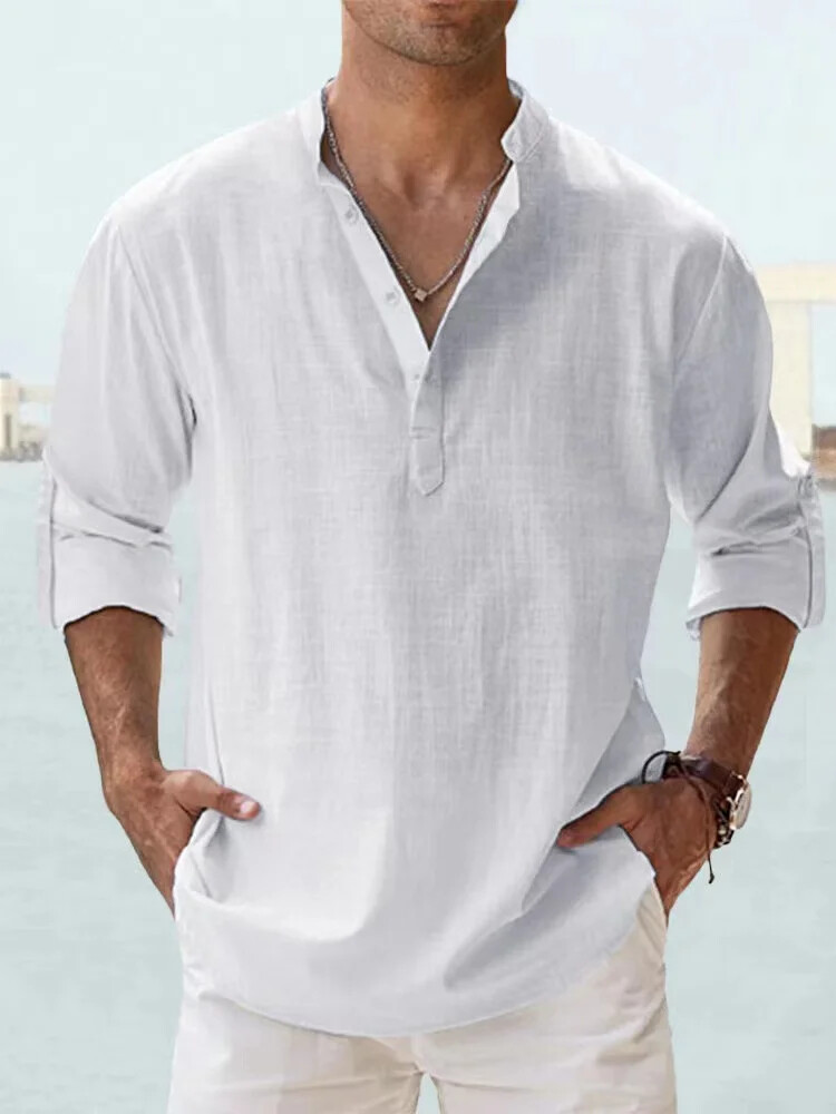 Men Casual Shirt Long Sleeve Cotton Linen Beach T Shirt Lightweight NEW 8 COLORS