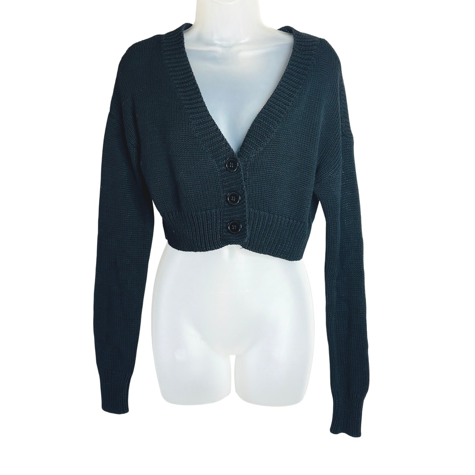 Skylar + Madison | Black Cropped Cardigan Sweater Wool Blend V-Neck | Large