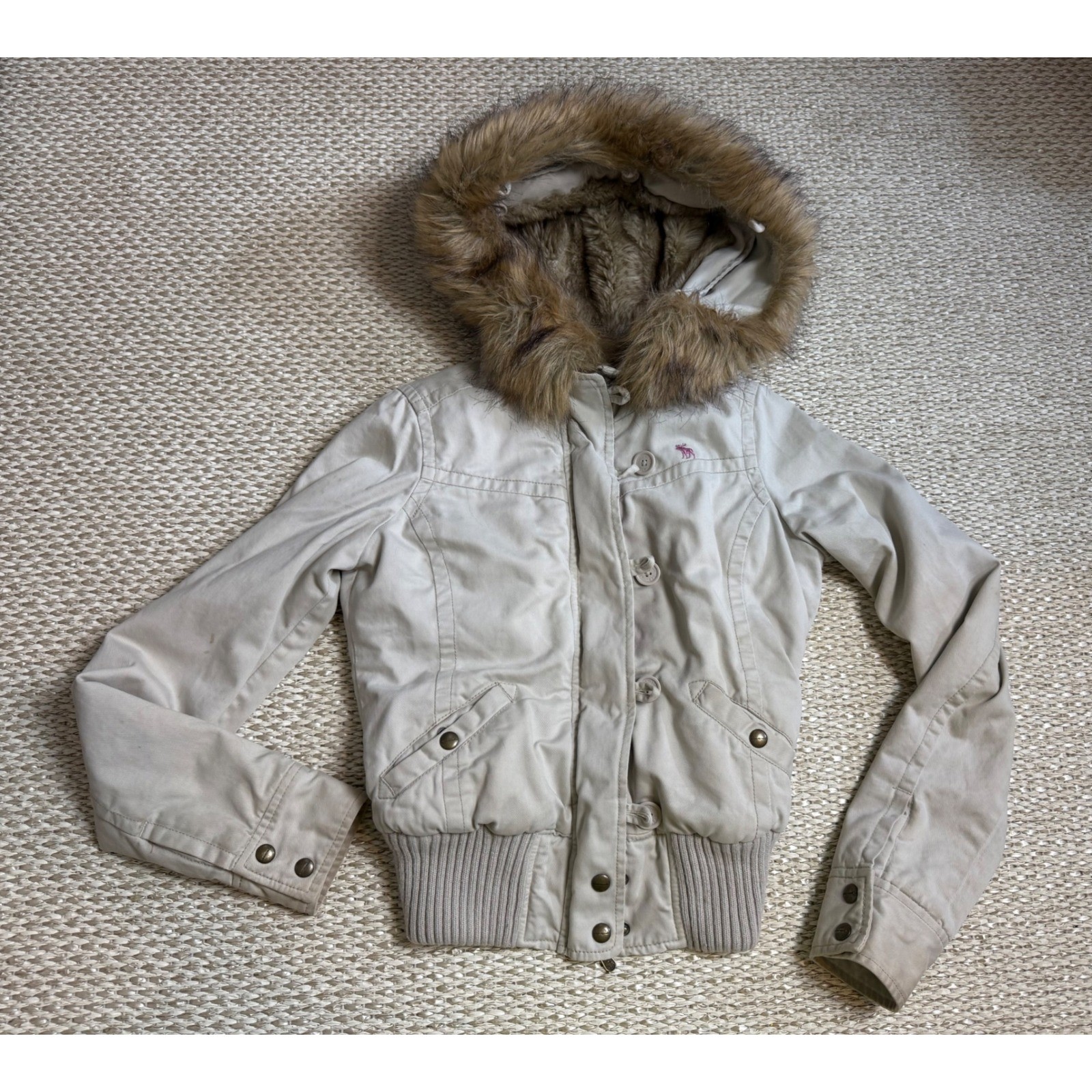 Abercrombie & Fitch Vintage Faux Fur Lined Bomber Jacket Cream Hooded Y2K LG