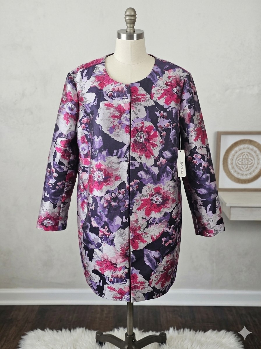 Chicos Floral Brocade Topper Jacket Coat Purple Pink Metallic Jacquard 3.5 US 18