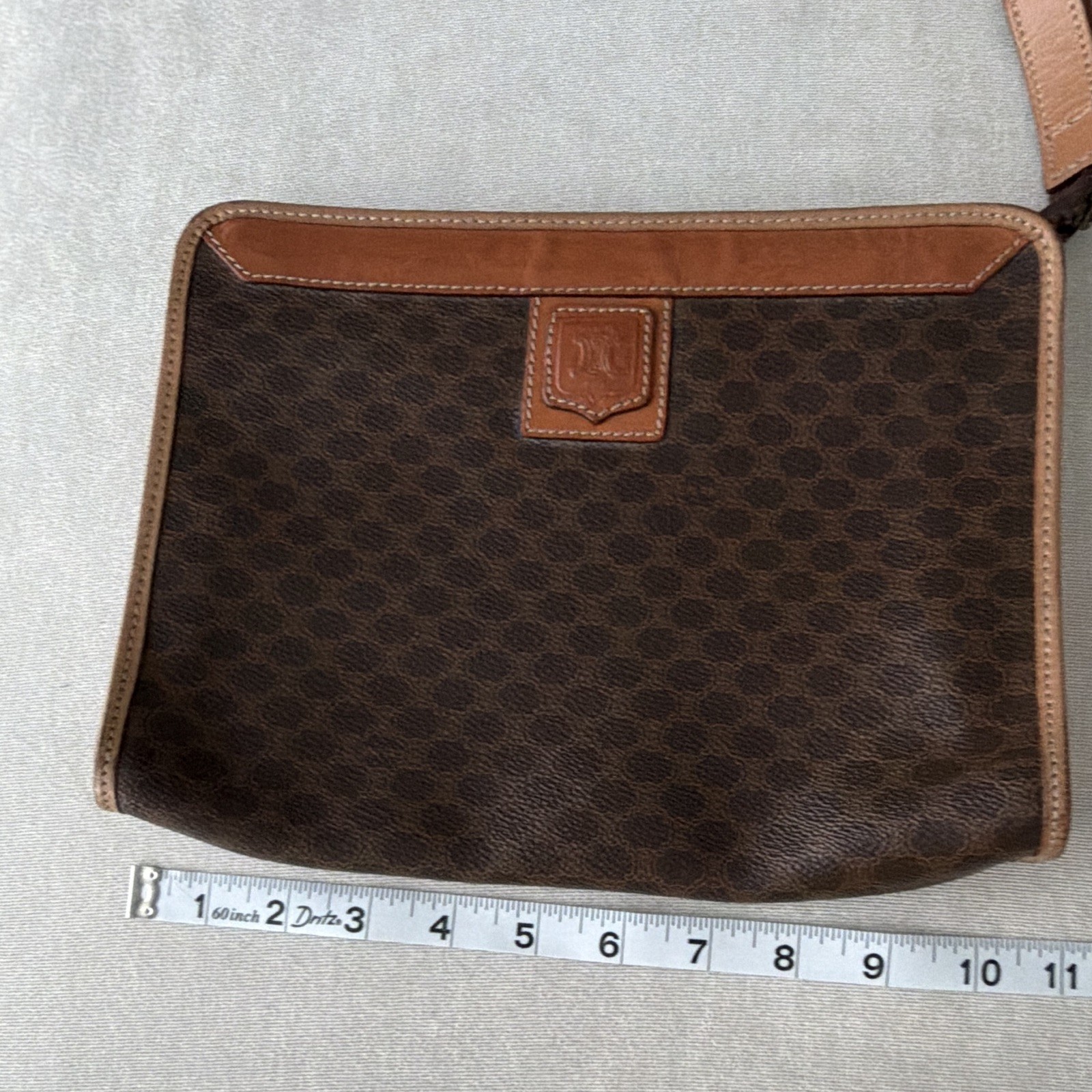 ⁠Vintage CELINE Macadam Canvas Clutch Pouch Wristlet Brown Tan Leather Trim