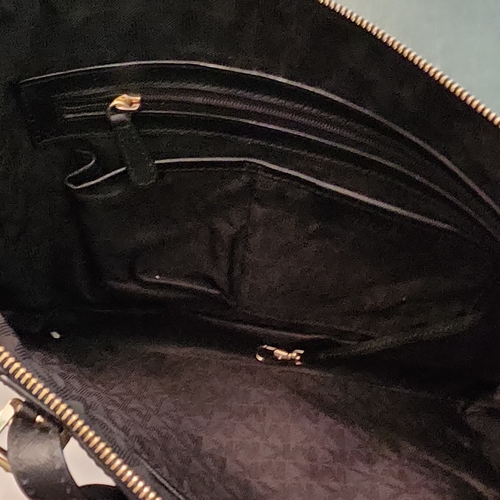 Michael Kors Women’s Black Tote Zip Top Gold Hardware MK Charm, Lined Pockets