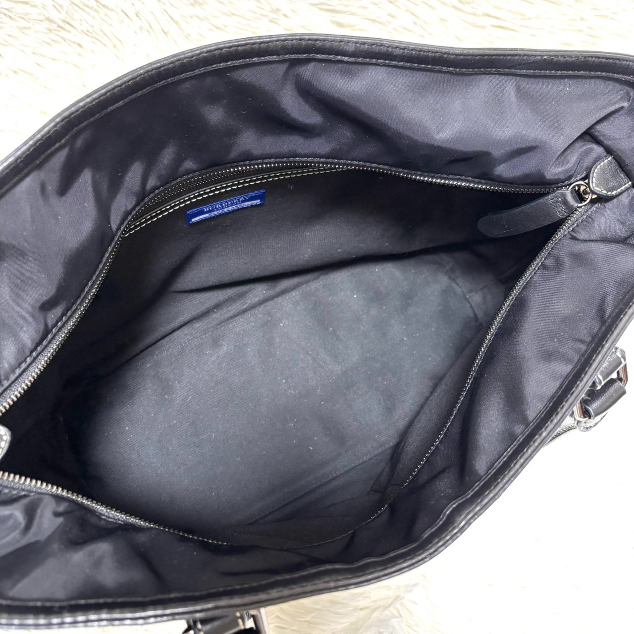 Burberry Blue Label Nylon Leather Tote Bag Horse Logo Black