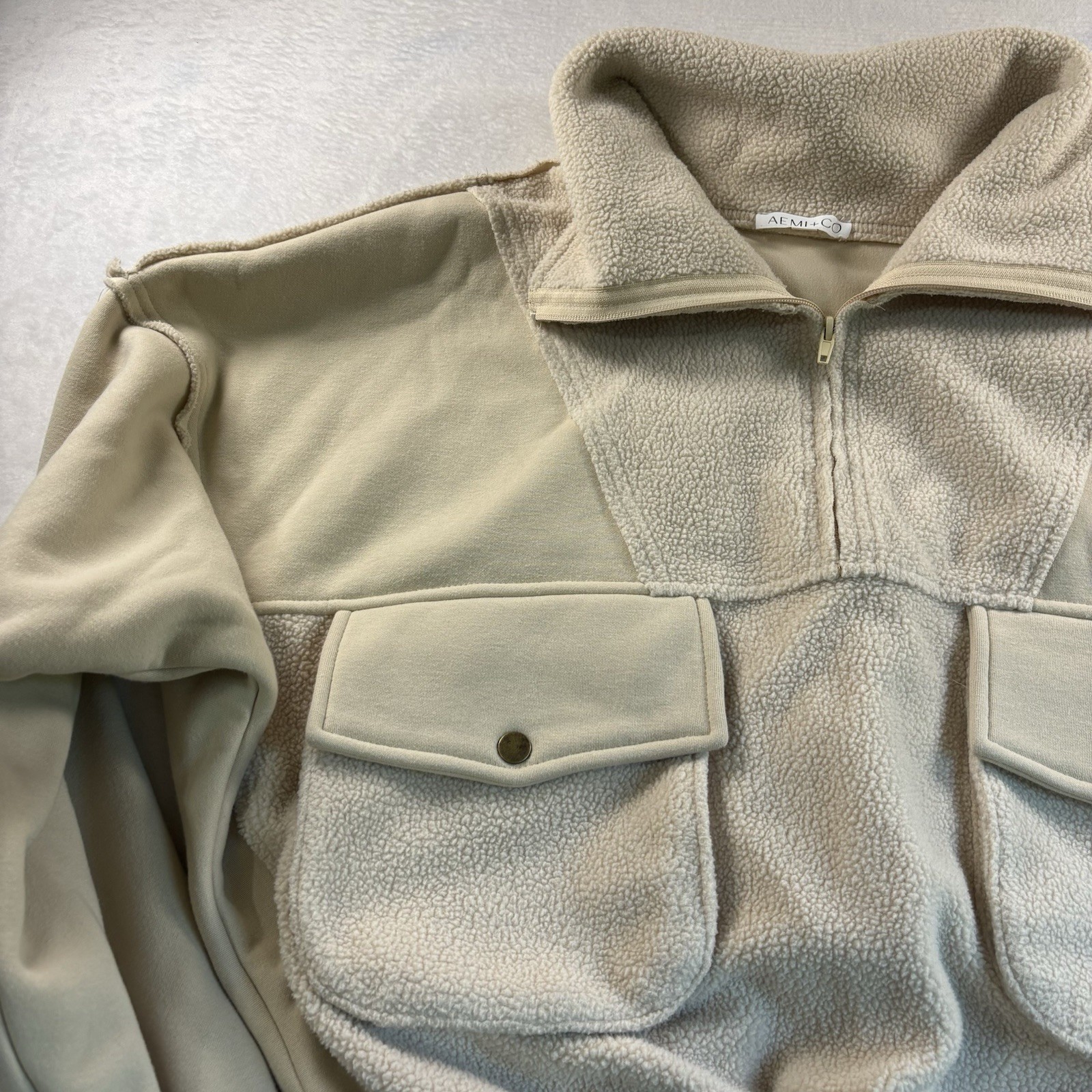 AEMI + CO Beige Half Zip Cropped Fleece Jacket w/ Pockets Women’s Size S