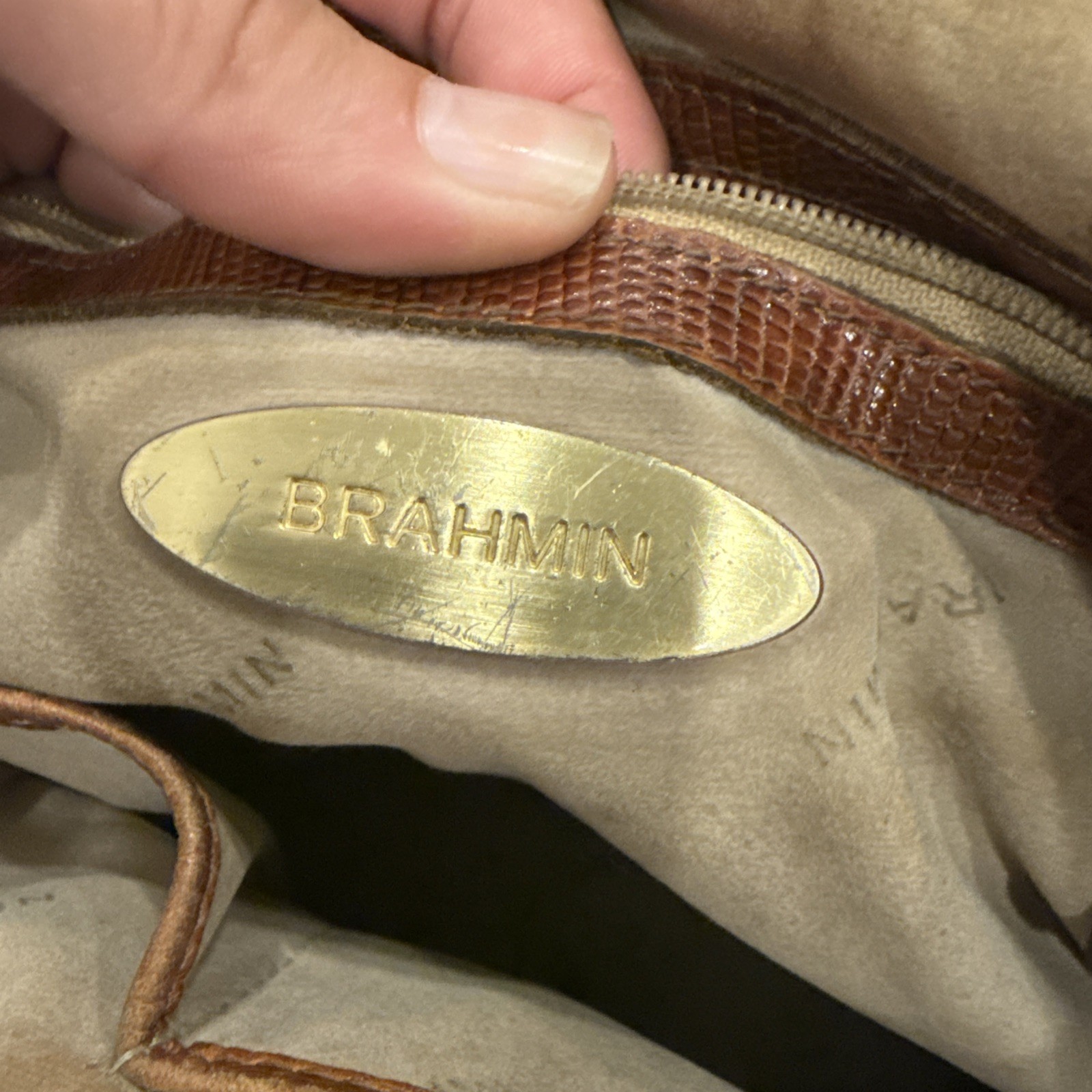 Brahmin Brown Embossed Animal Print Satchel Top Handle Zip w/ Detachable Strap