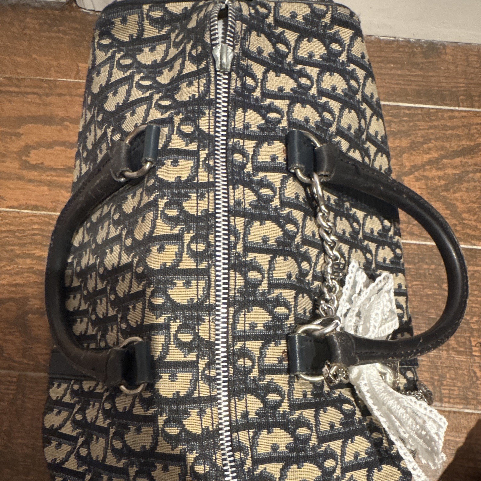Dior Oblique Monogram Satchel Top Handle Zip Bag Navy Beige Silver w/ Charm