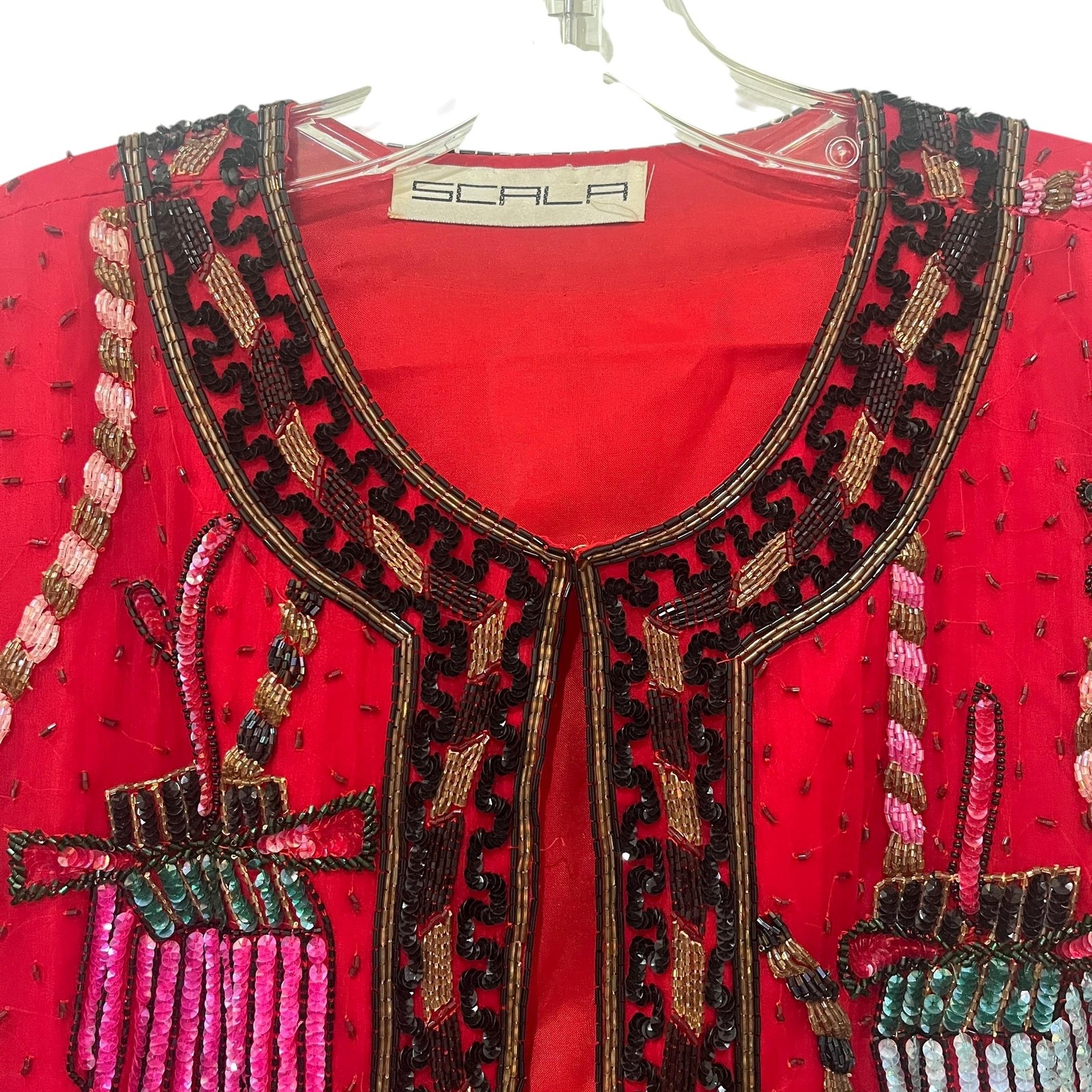 Vintage Scala Beaded Jacket Womens Red Sequin Holiday Party Gift Present L-XL