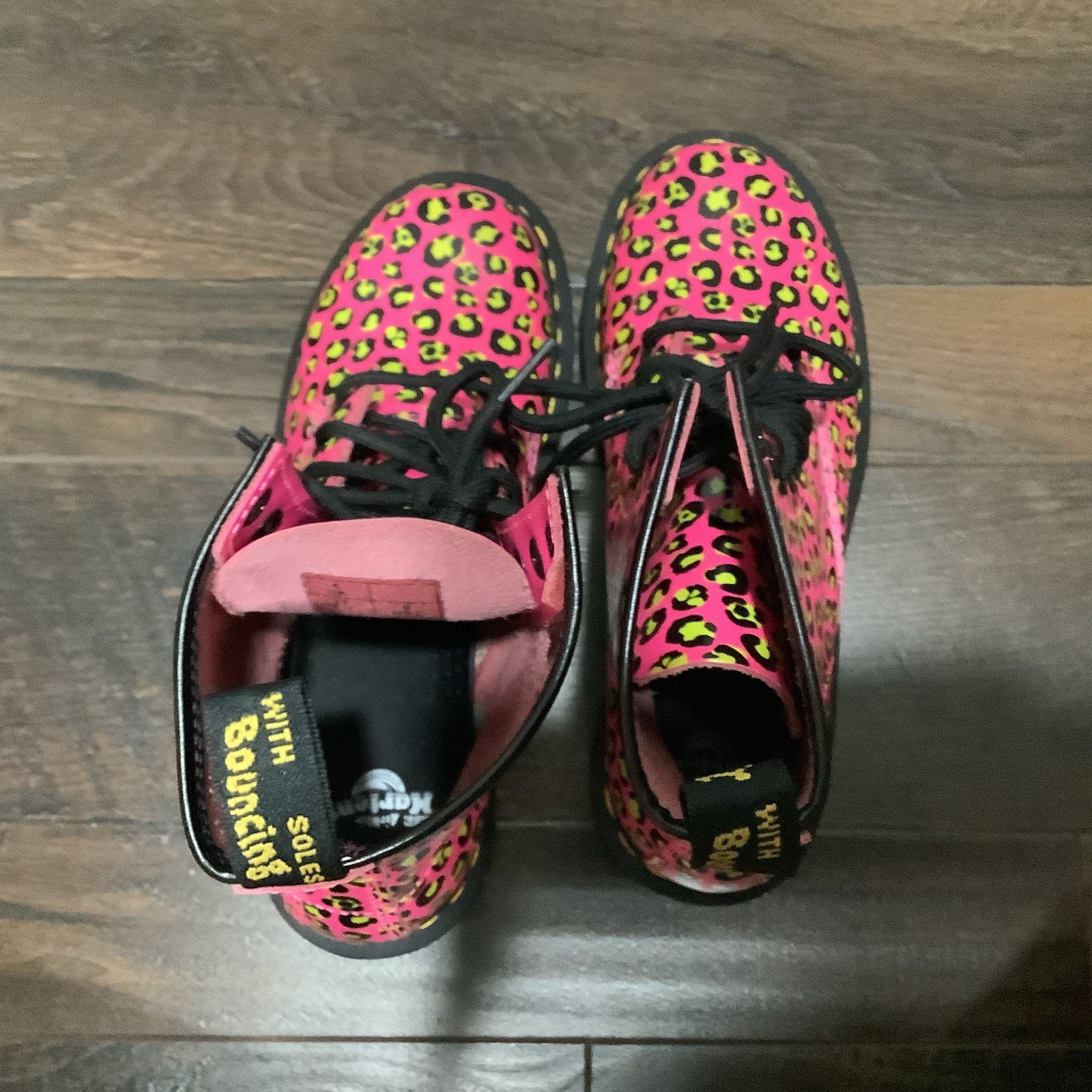 Dr Martens New 1460 Neon Pink Lime Leopard Print Patent Leather Boots Womens 6