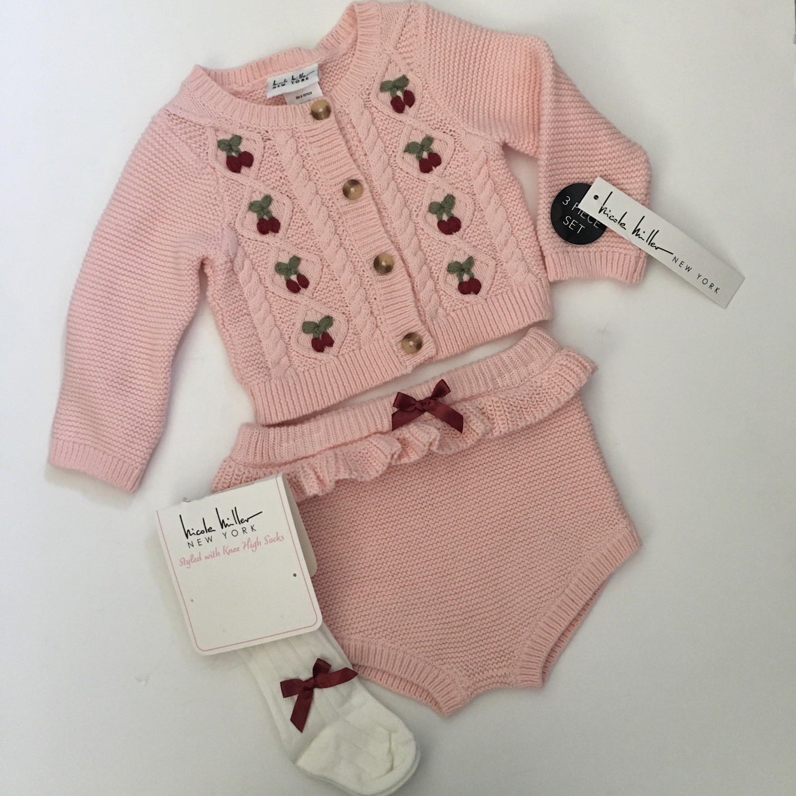 NEW Baby 6-9M Knit Cherry Sweater & Bloomers 3 pc Set Pink | Nicole Miller