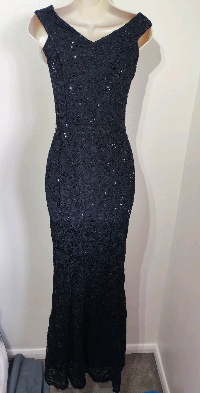 Quiz Black Sequin Lace Fishtail Long Maxi Dress 6 8 Prom Cruise Black Tie