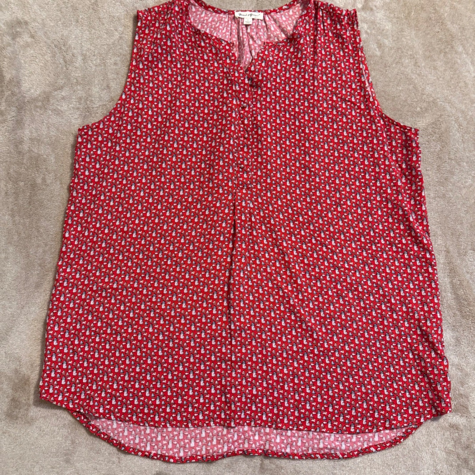 Grand & Greene Womens Red Nautical Lighthouse Sailboat Print Sleeveless Blouse L
