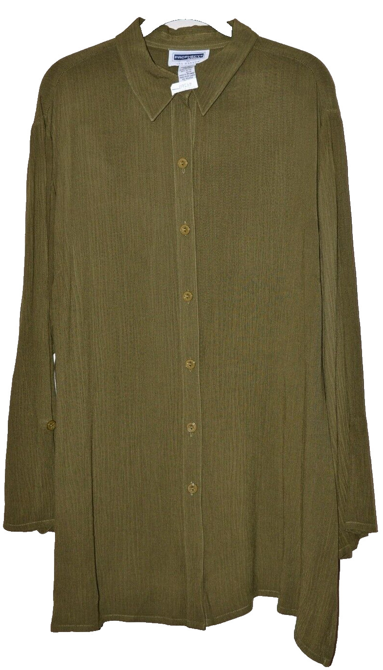 Sag Harbor Prophecy Woman 1X Button Front Tunic Top Shirt roll tab sleeves Green