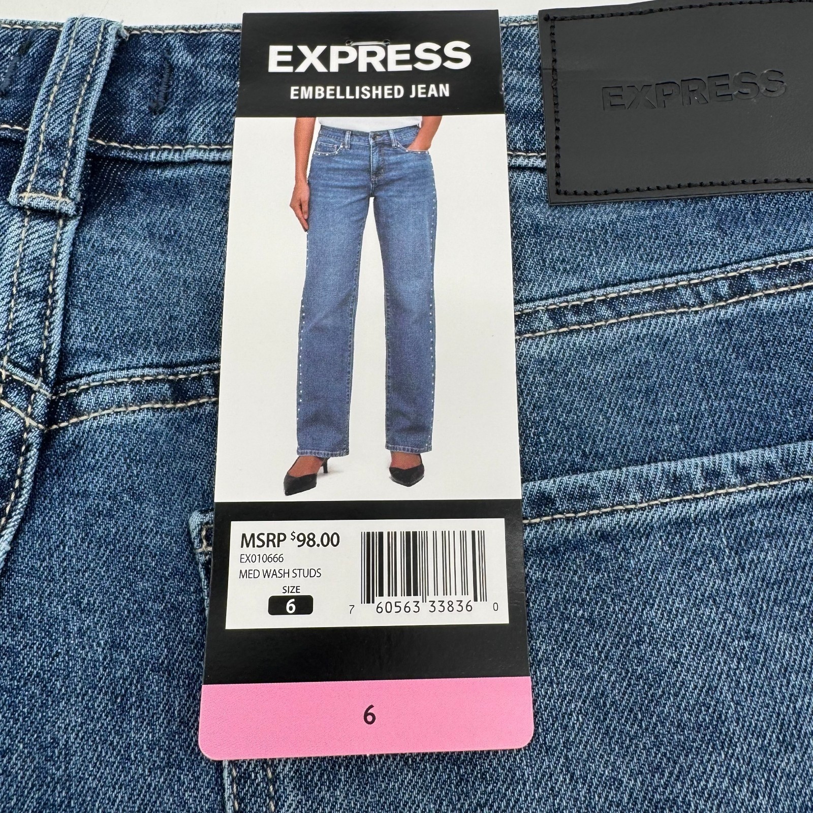 NEW Express Embellished Jeans WOMENS Blue Medium Wash Studs SIZE 6 INSEAM 30″