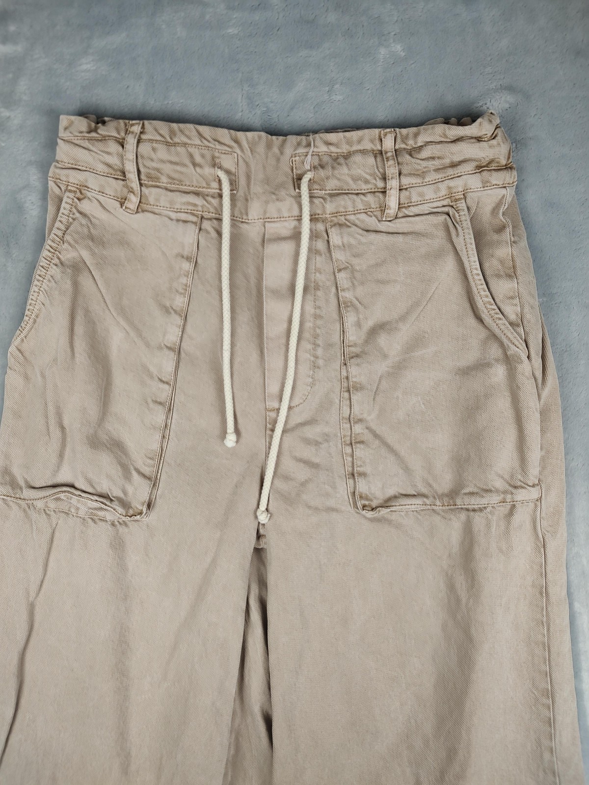 YFB Pants Womens Medium Beige Paperbag Wide Leg Cropped Twill Pockets Casual