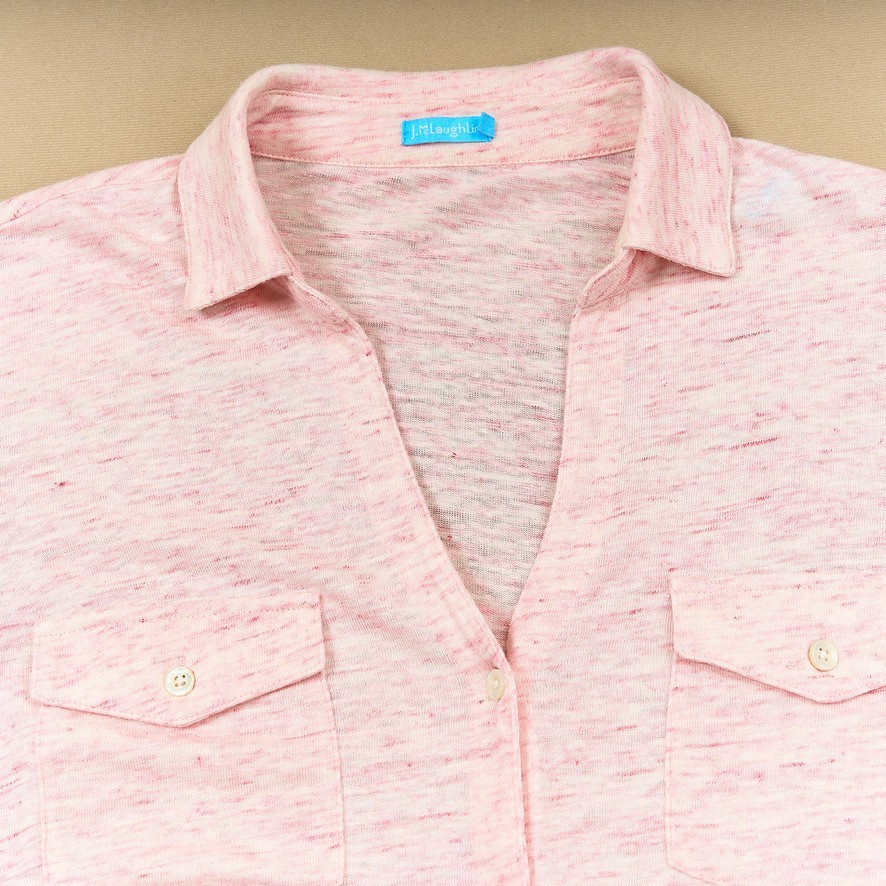 J McLaughlin Button Front Shirt Womens M Linen Spandex Knit Pink Collar