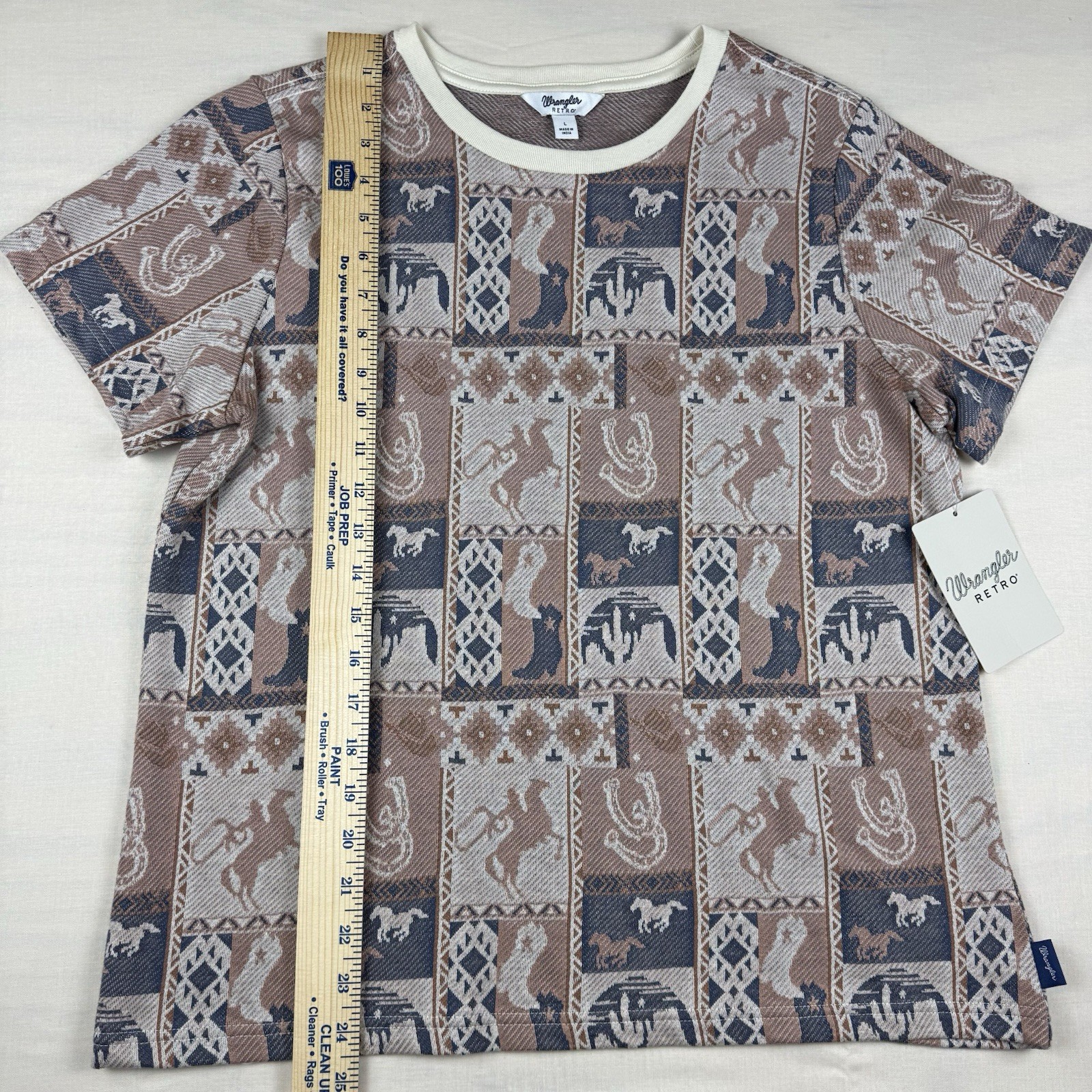 Wrangler Retro Women’s Large Patchwork Western Slim Tee Brown NWT 112360795