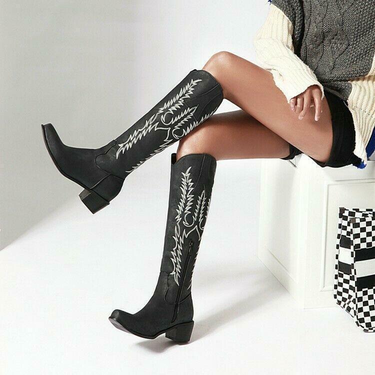 Womens Embossed Zip Mid Block Heel Cowgirl Mid Calf Knee High Boots Western PLus