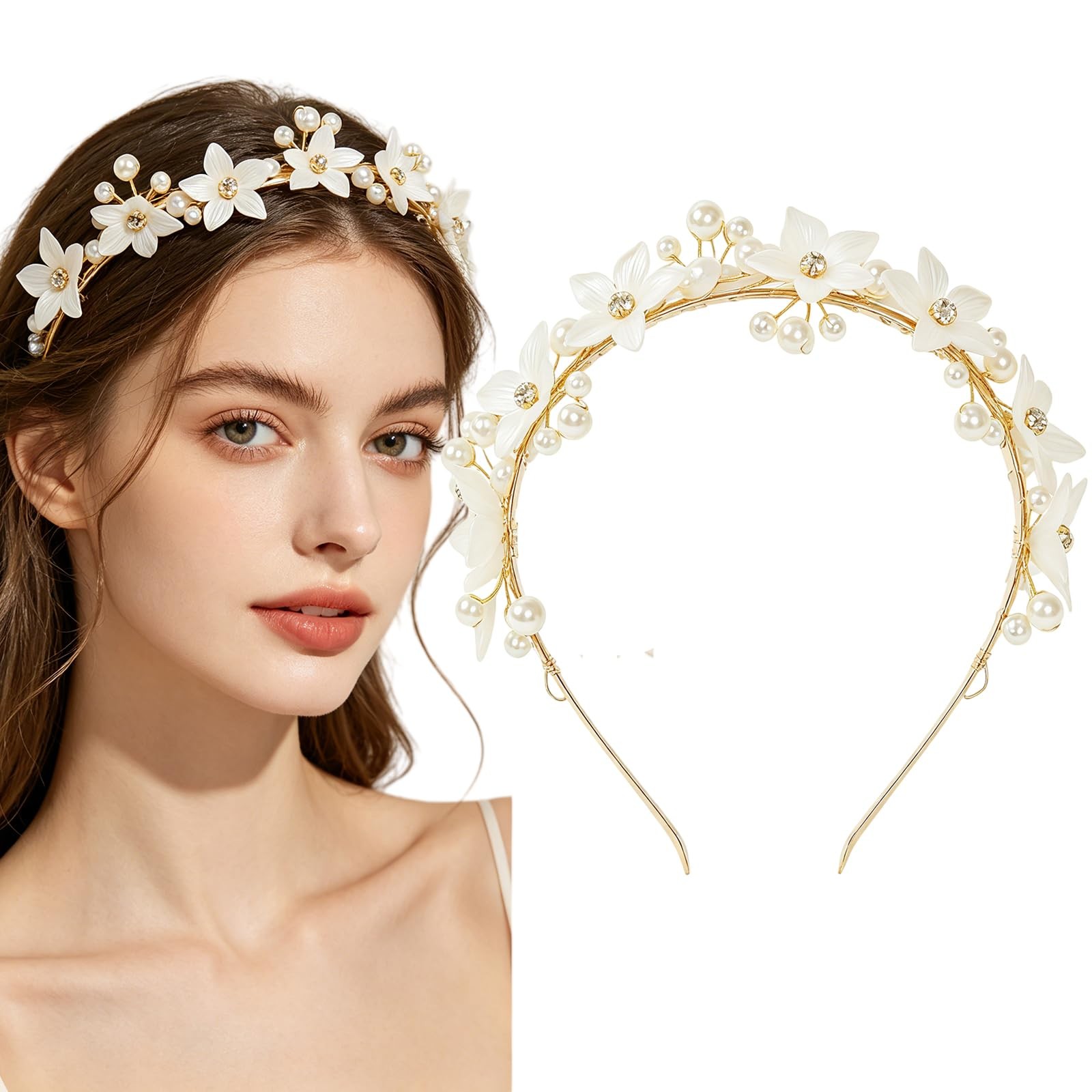 1 Piece 14cm Gold Pearl Flower Headband, Rhinestone Decor Floral Hair Hoop, E…