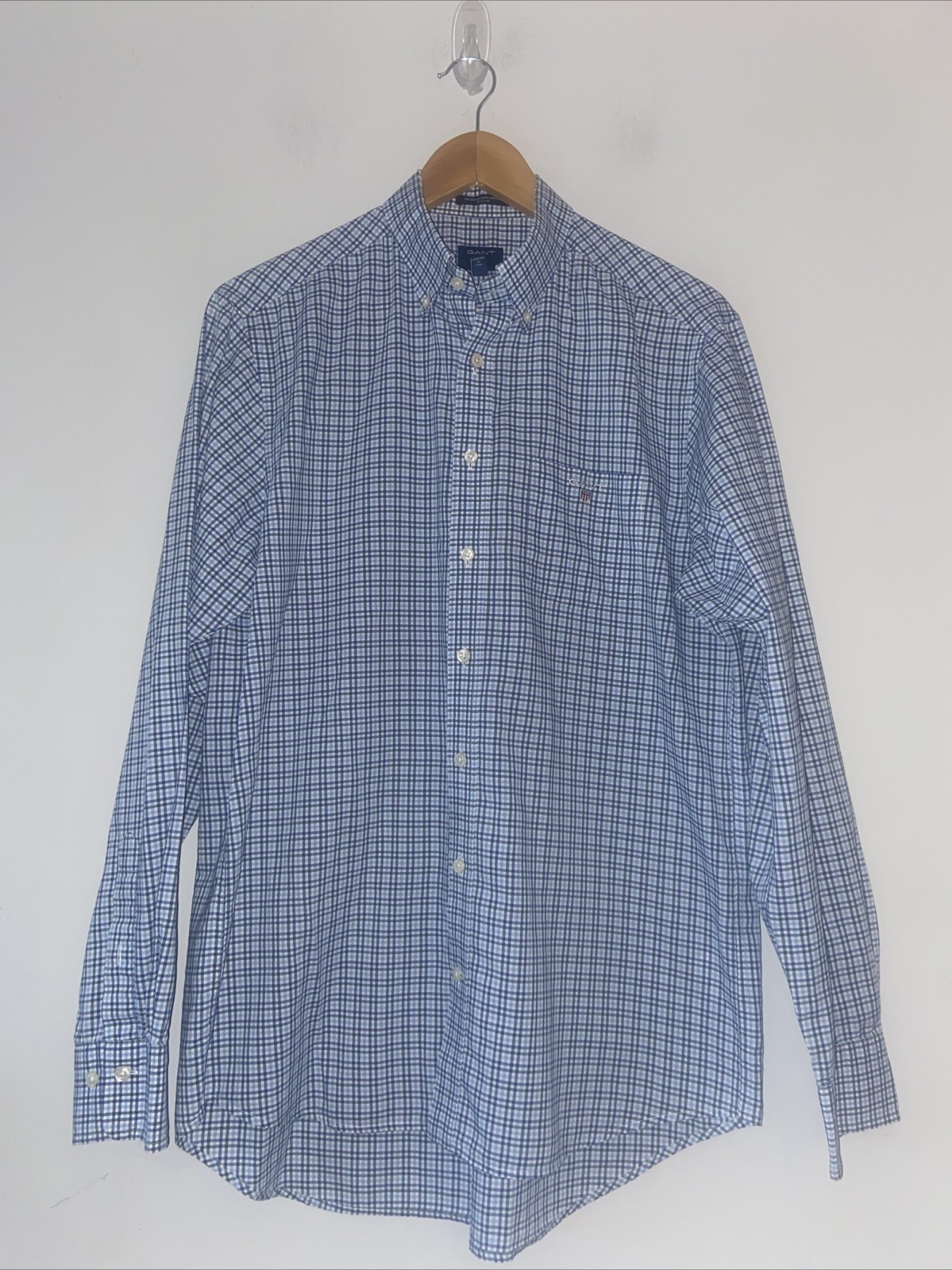 GANT Men’s Shirt Medium 15” Blue Broadcloth Gingham Long Sleeve Cotton