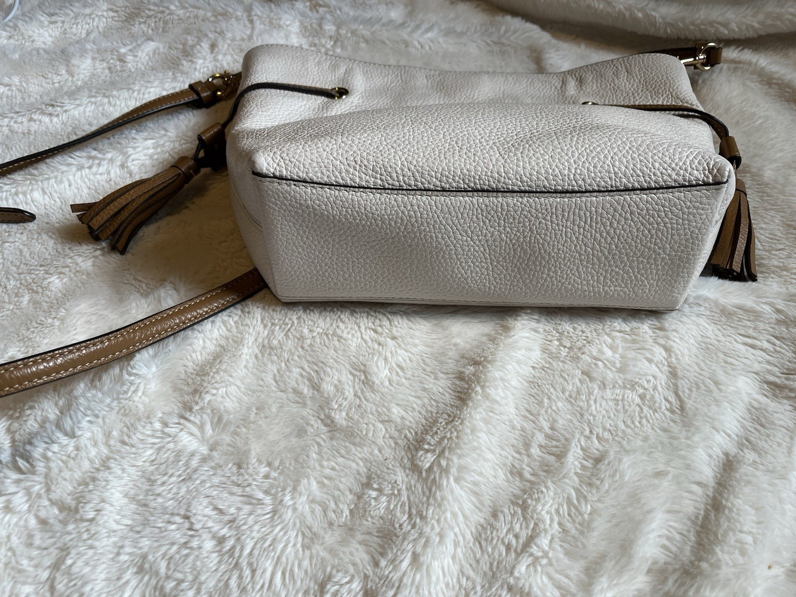 Coach Pebbled Beige Medium Crossbody, Brown Strap, Tassel, Gold Hardware