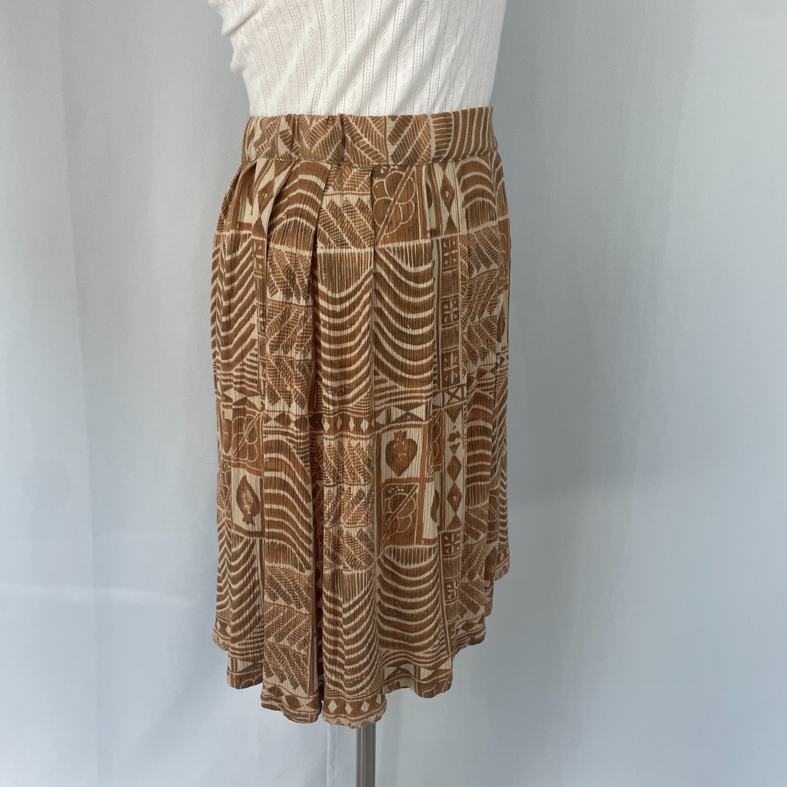 Vintage A Line Mini Skirt Small Brown Tan Tribal Boho Lagenlook Pleated Skater