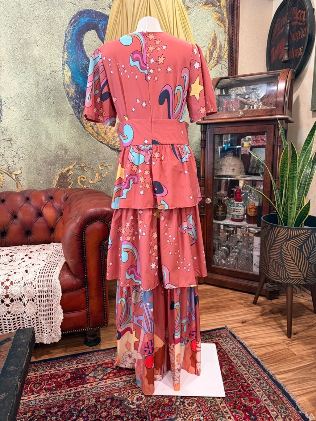 STYLEBYGG Retro Psychedelic Maxi Dress Cutout Tiered Boho Festival Pink Multi Sz