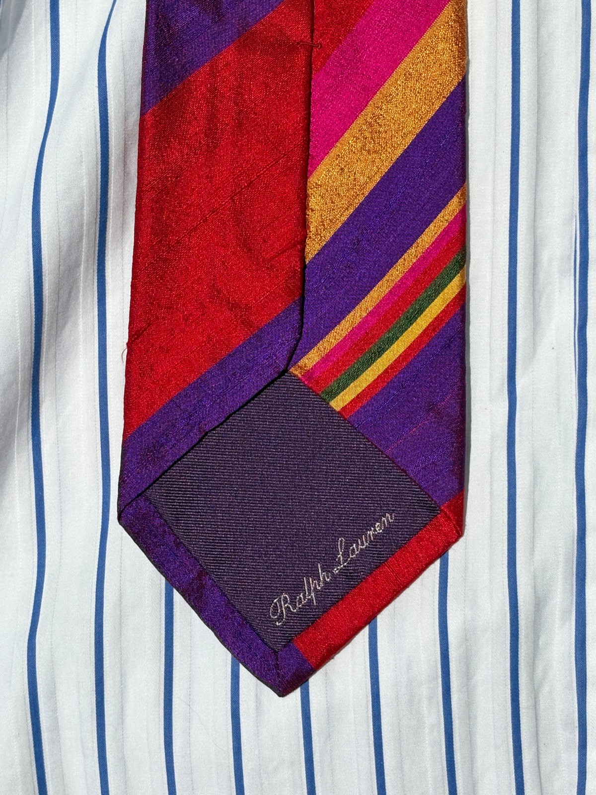 Ralph Lauren Purple Label Red & Violet Stripe Shantung Silk Tie – Italy- $235.00