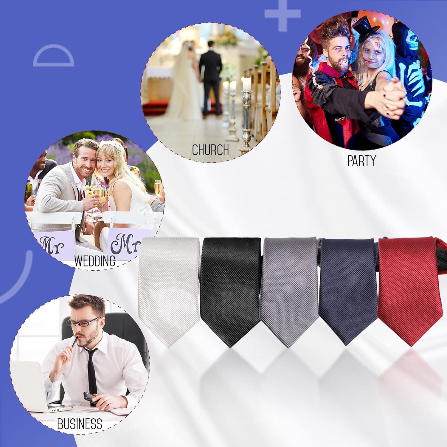Xinnun 5 Pieces Mens Zipper Ties Pre Tied Adjustable Neckties Solid Color
