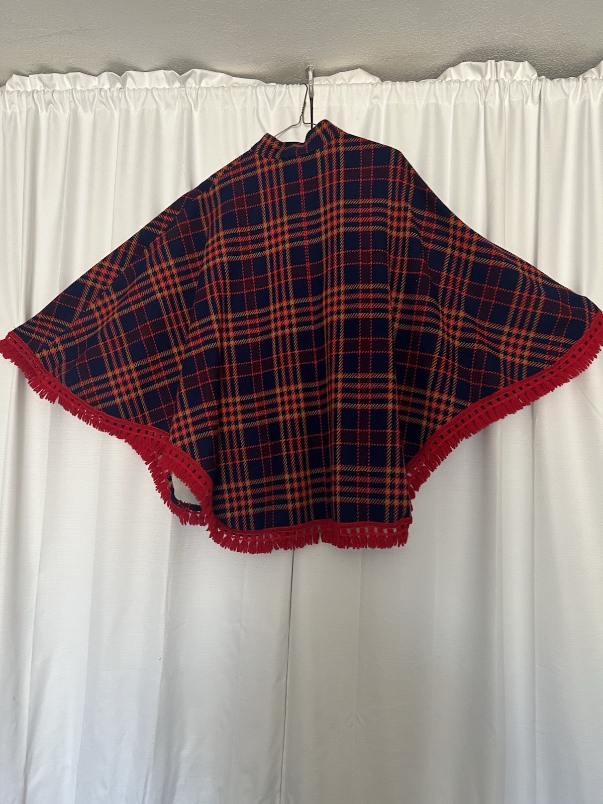 Vintage Handmade Women’s Red Navy Plaid Fringe Trim Poncho Cape
