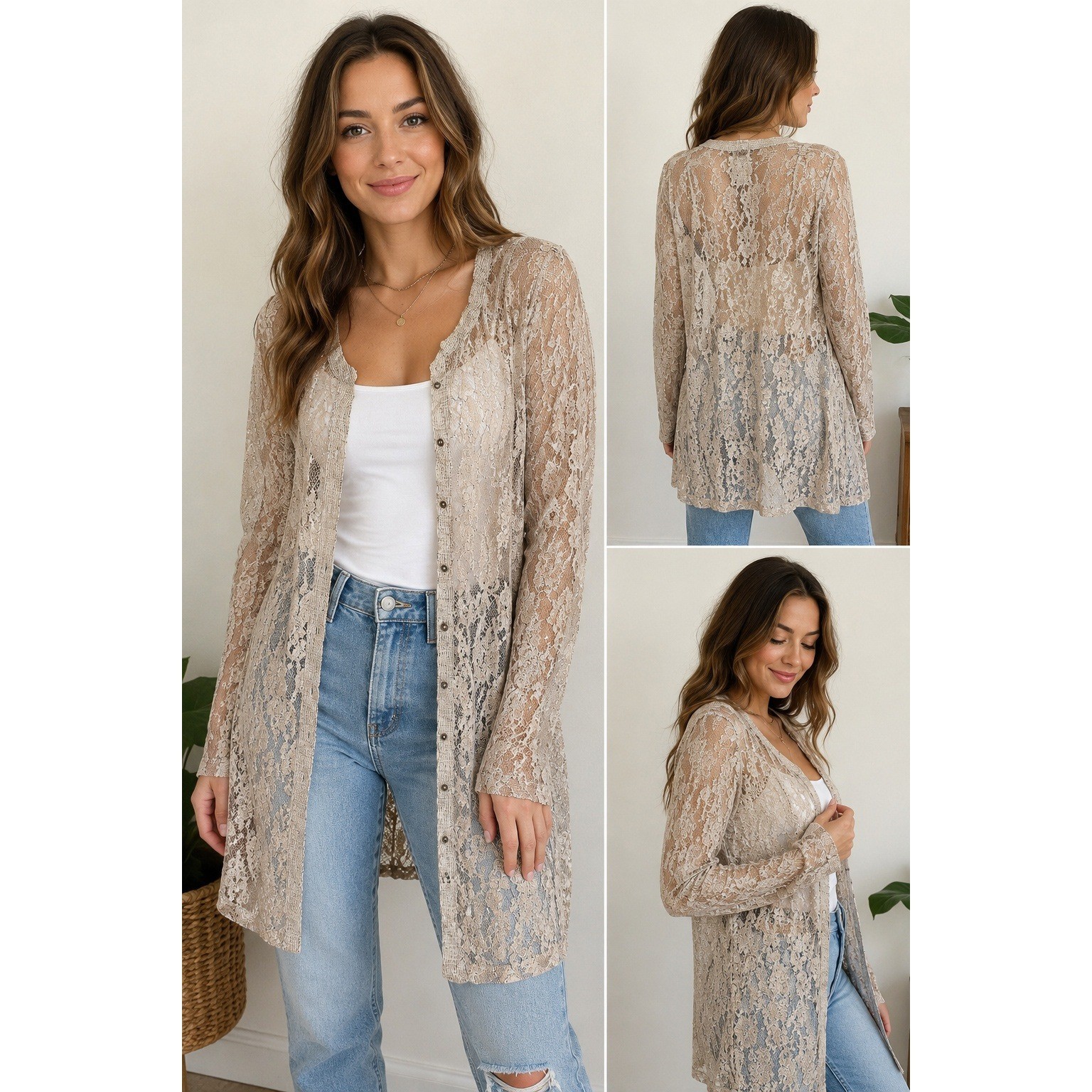 Mystree Women Beige Metallic Lace Sheer Button Down Cardigan Quiet Luxury