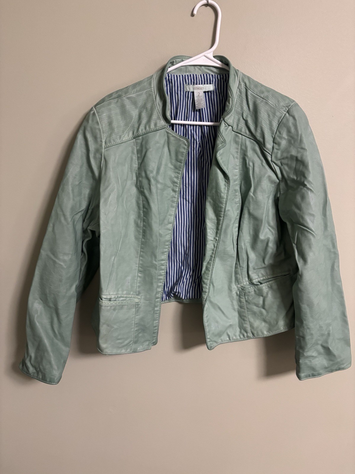 Chicos Mint Green Faux Leather Coat Open No Closures Moto Size 2 / Large